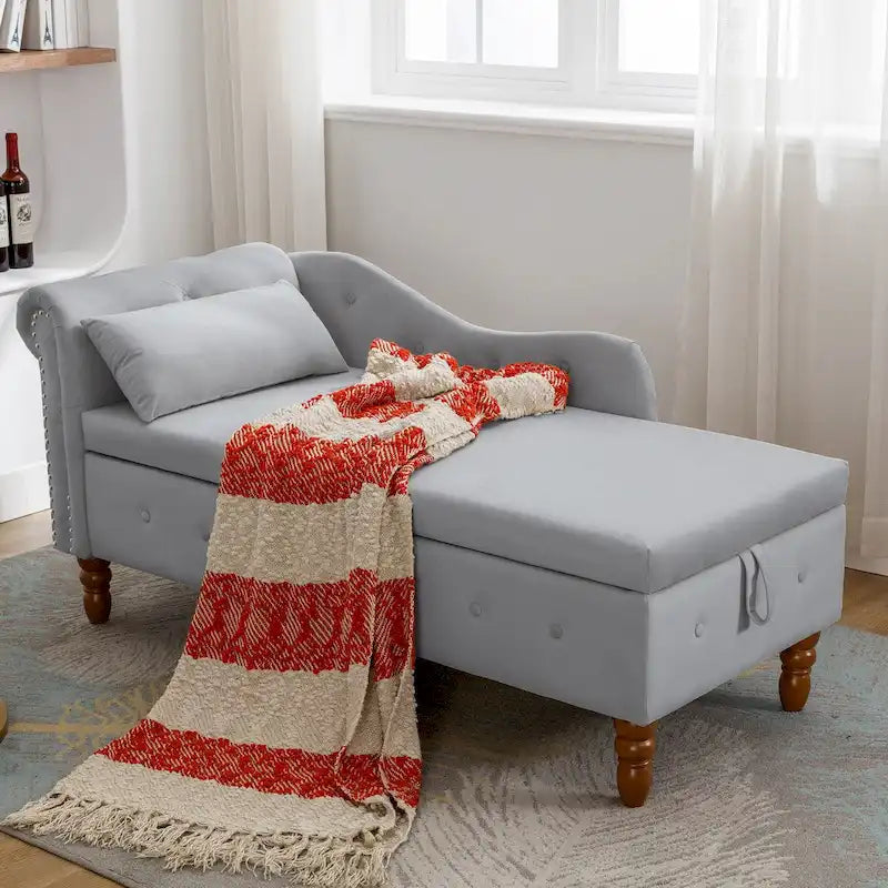 Chaise Lounge Indoor,Velvet Lounge Chair for Bedroom with Storage & Pillow,Modern Upholstered Rolled Arm Chase Lounge