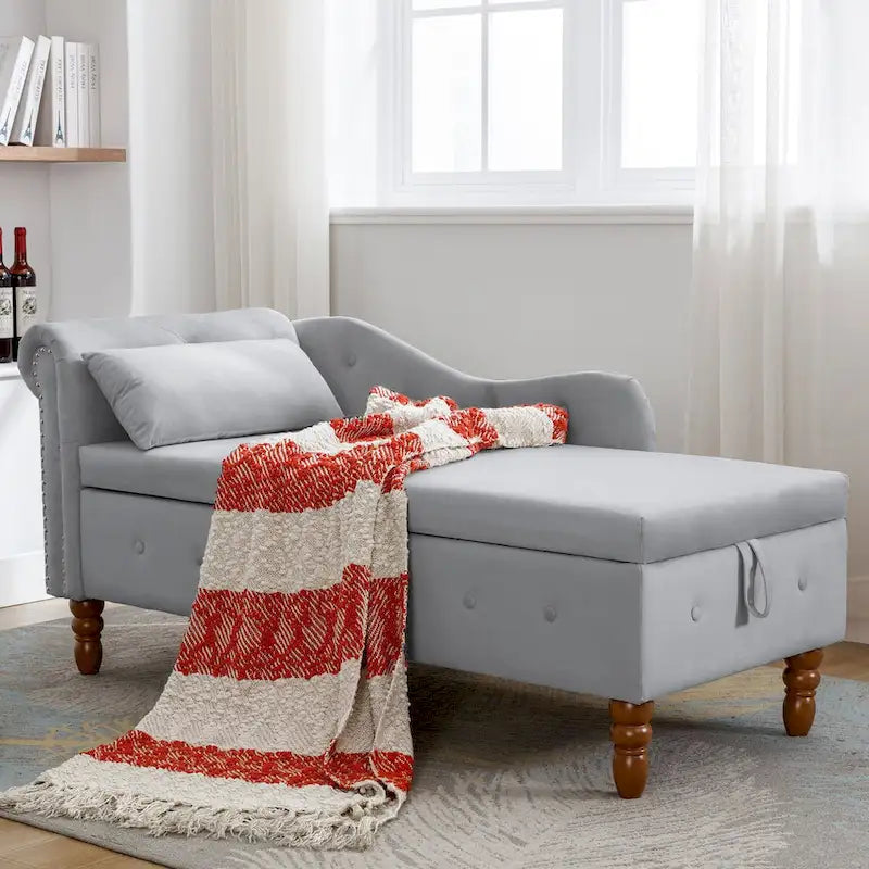 Chaise Lounge Indoor,Velvet Lounge Chair for Bedroom with Storage & Pillow,Modern Upholstered Rolled Arm Chase Lounge