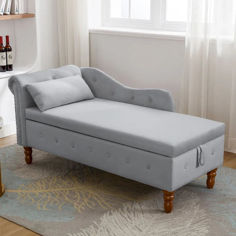 Chaise Lounge Indoor,Velvet Lounge Chair for Bedroom with Storage & Pillow,Modern Upholstered Rolled Arm Chase Lounge
