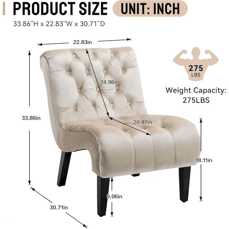 Velvet Armless Accent Chair, Button Tufted Slipper Chair, Side Chair, Lounge Chair