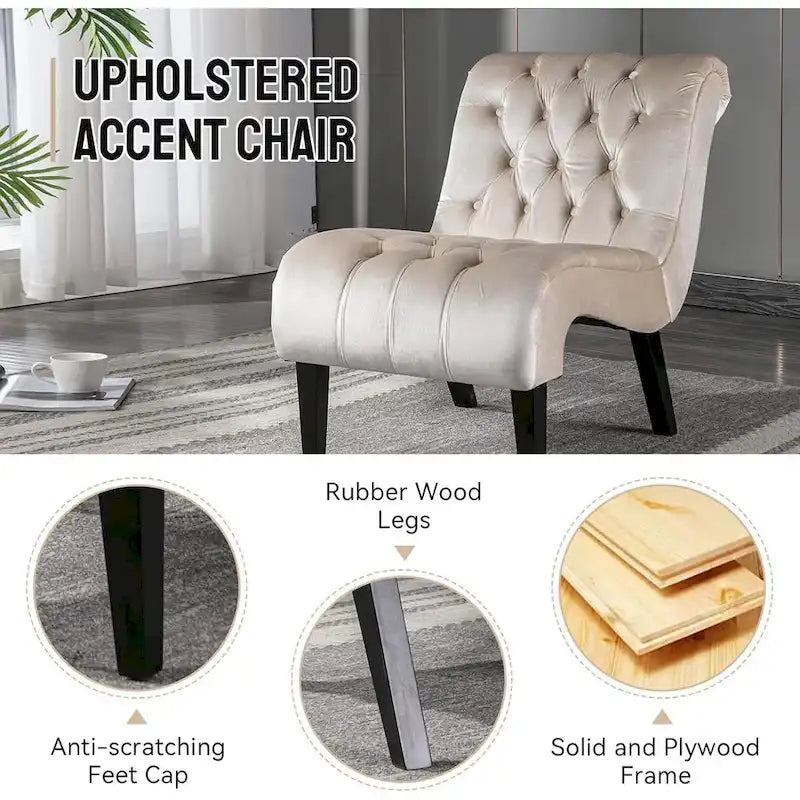 Velvet Armless Accent Chair, Button Tufted Slipper Chair, Side Chair, Lounge Chair