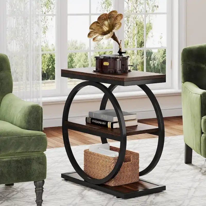 End Table with 3 Storage Shelves, Wood Narrow Side Table