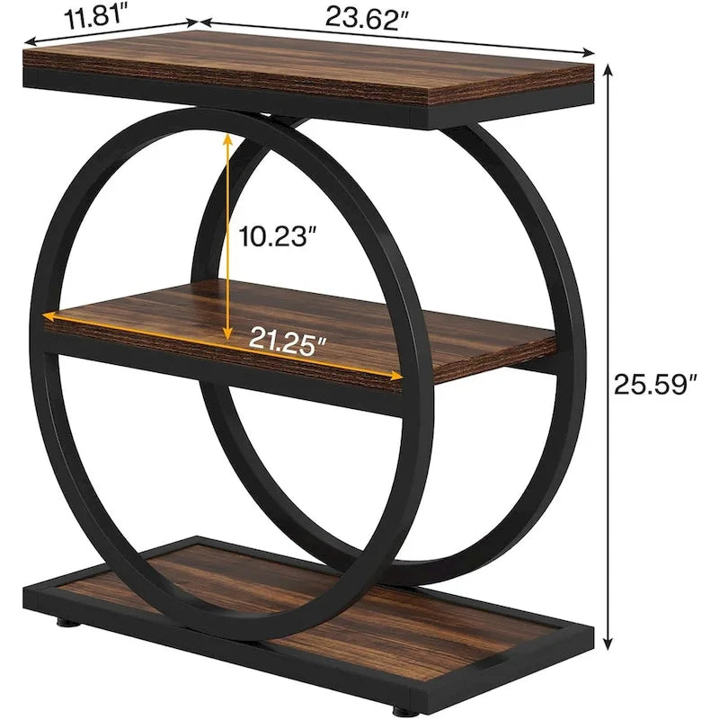 End Table with 3 Storage Shelves, Wood Narrow Side Table