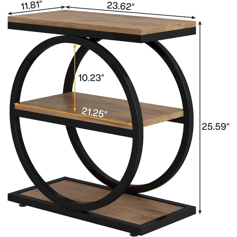 End Table with 3 Storage Shelves, Wood Narrow Side Table