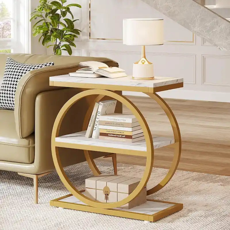 End Table with 3 Storage Shelves, Wood Narrow Side Table