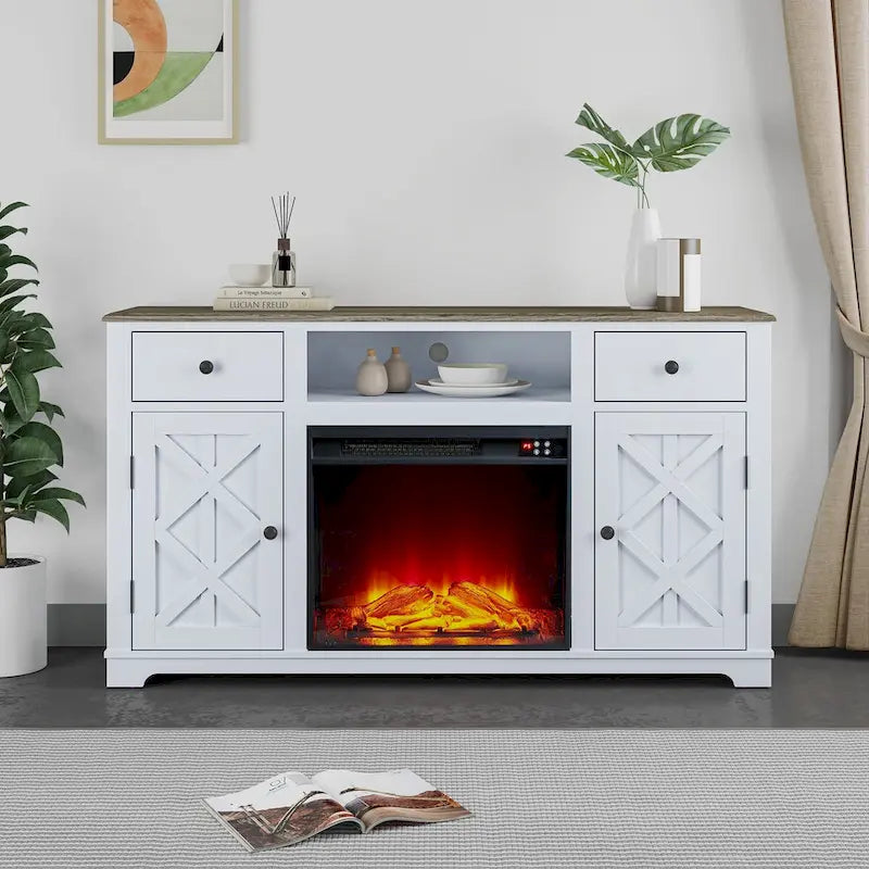 Farmhouse TV Stand with Fireplace for up to 65 TV - 60W x 33H x 15.5D