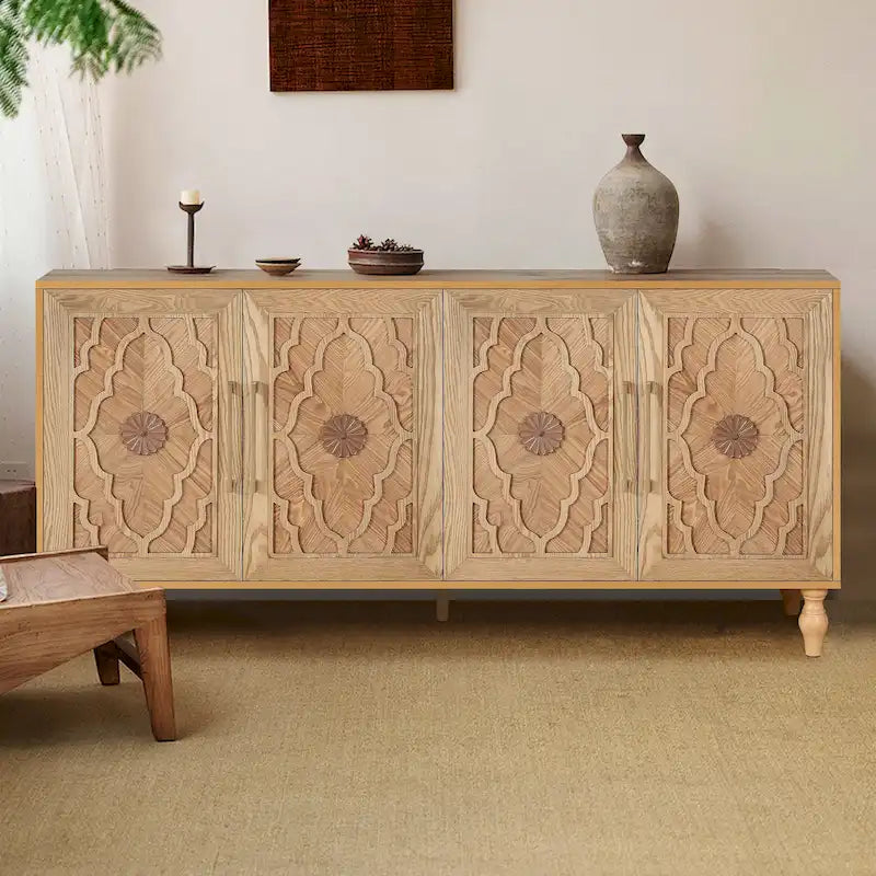 Carved Flower Door Large Storage Cabinet With Metal Handle