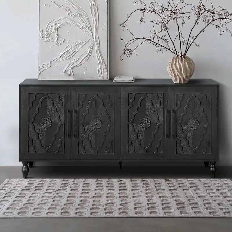 Carved Flower Door Large Storage Cabinet With Metal Handle