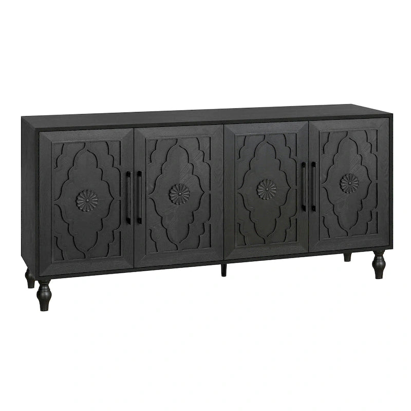 Carved Flower Door Large Storage Cabinet With Metal Handle