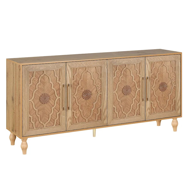 Carved Flower Door Large Storage Cabinet With Metal Handle