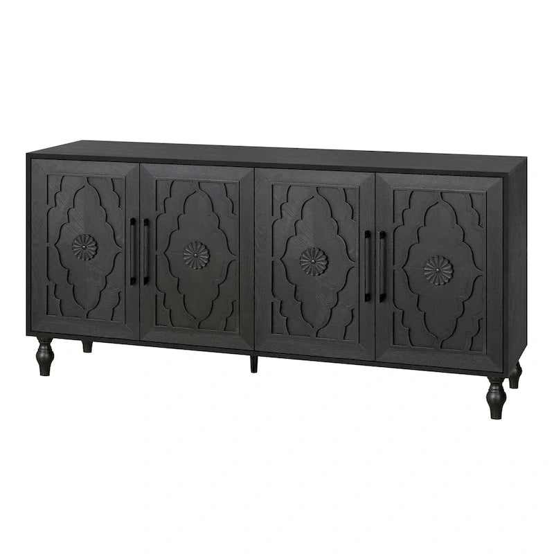 Carved Flower Door Large Storage Cabinet With Metal Handle