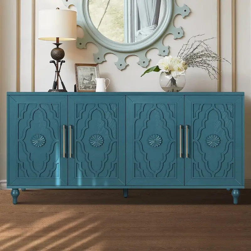 Carved Flower Door Large Storage Cabinet With Metal Handle