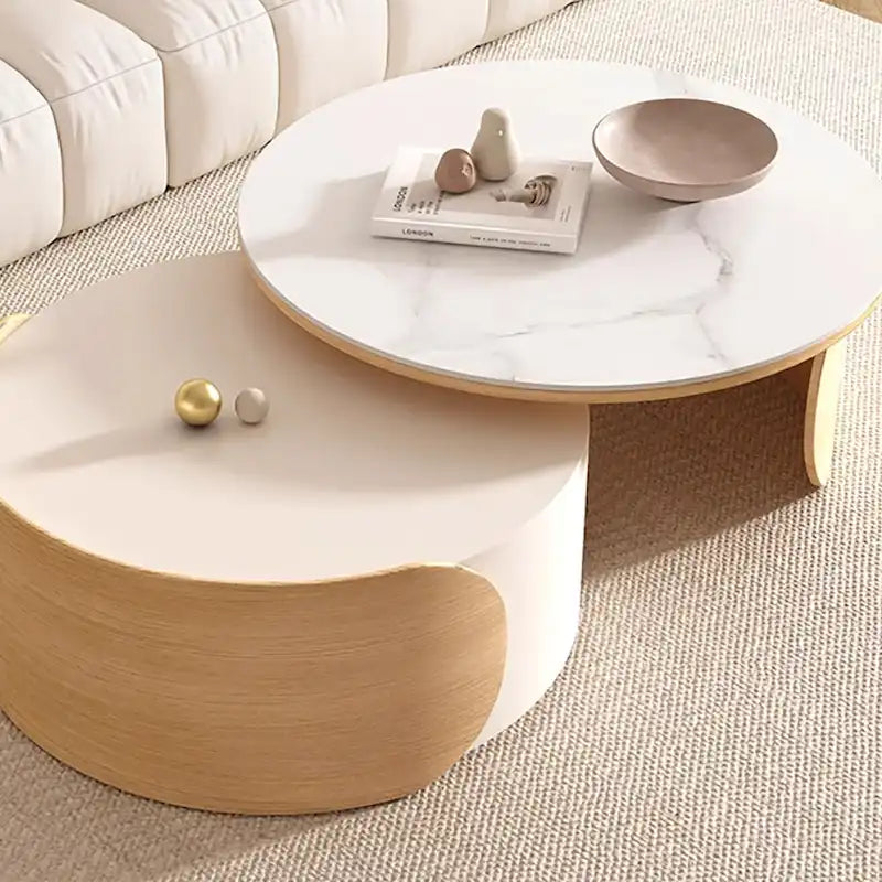 Modern Round Coffee table, Stone Table-top, Natural Wood - 50 x 31.5