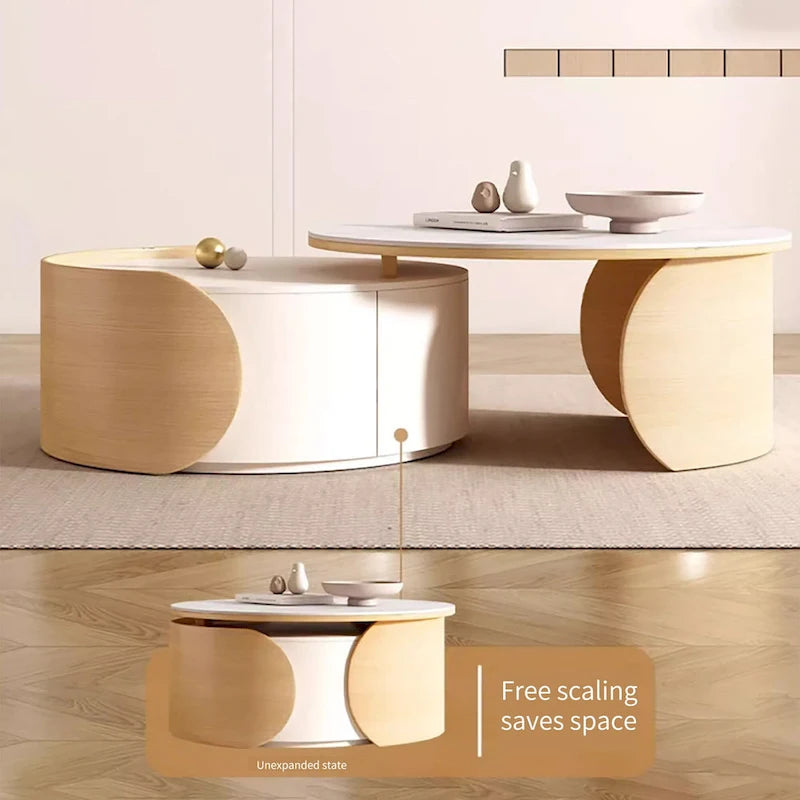 Modern Round Coffee table, Stone Table-top, Natural Wood - 50 x 31.5