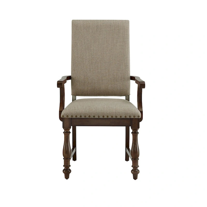 Tom 26 Inch Dining Armchair, Beige Polyester, Nailheads, Brown Solid Wood