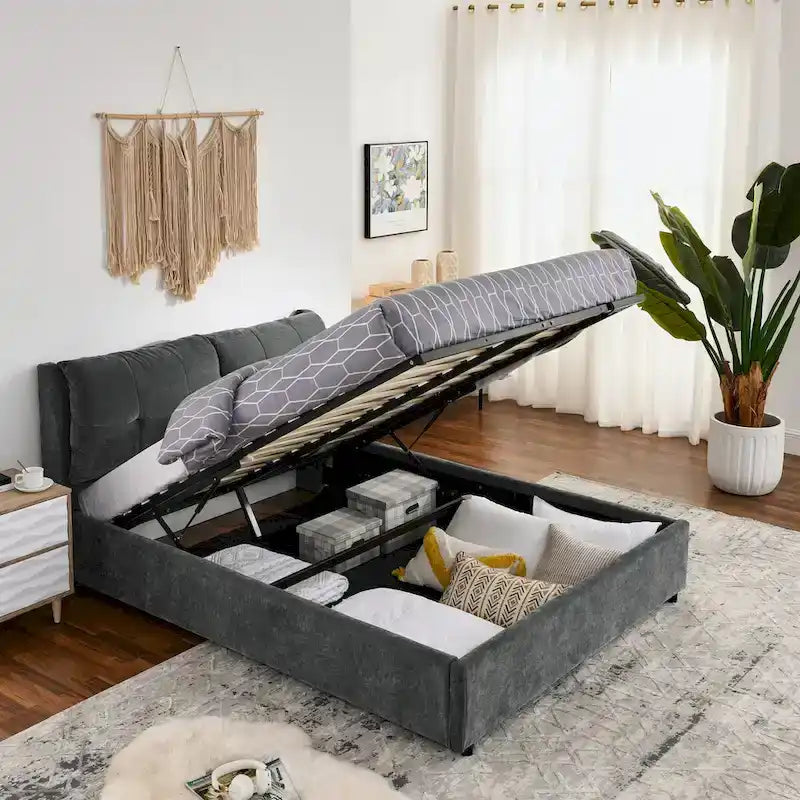 Queen Size Upholstered Hydraulic Platform Bed with Integrated Headboard