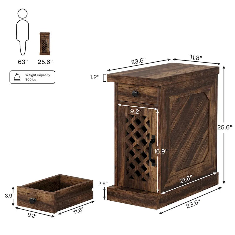 25.6 Inches Tall Wood End Table, Nightstand for Bedroom, Rustic Brown - 23.6 L x 11.8 W x 25.6 H