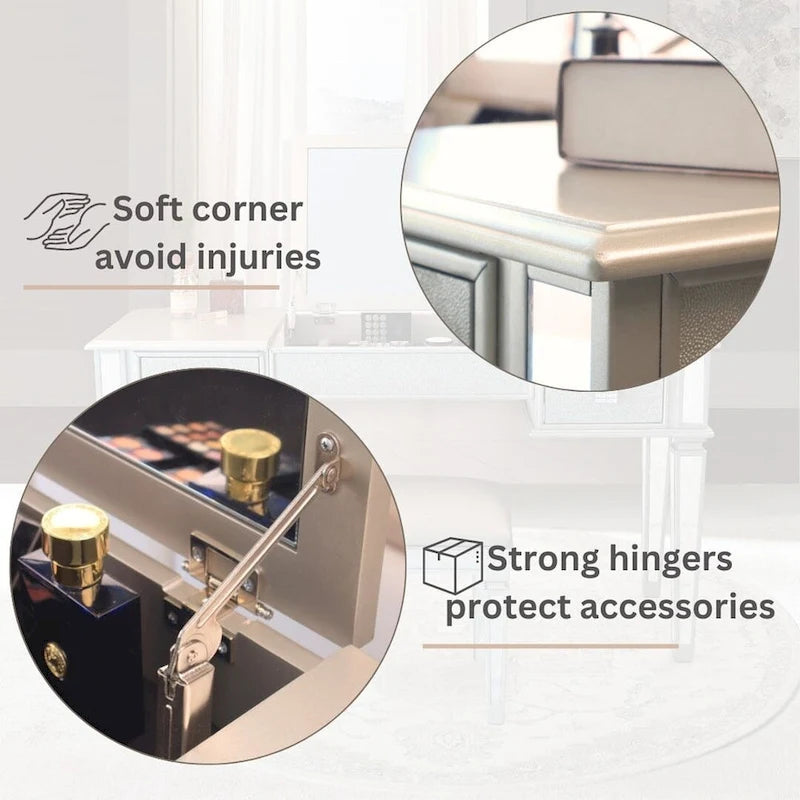 2-Drawer Mirrored Dresser with Vanity Table, Flip-Up Mirror, and Stool